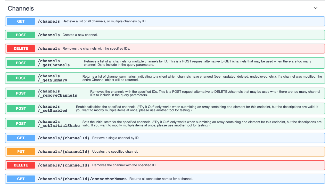 The Channels group expanded in the API explorer, listing the GET, POST, PUT and DELETE channel endpoints for retrieving, creating, updating and removing channels