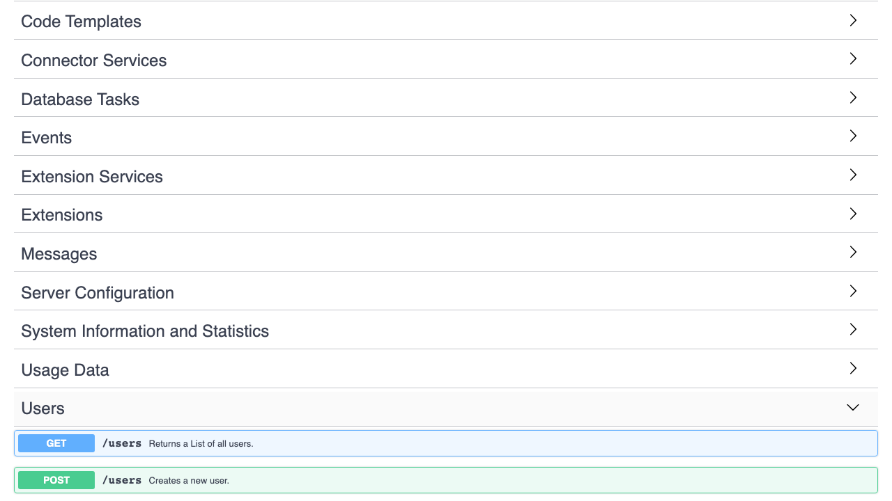 The Users group expanded in the API explorer, showing the GET and POST /users endpoints for listing and creating users alongside the other API groups