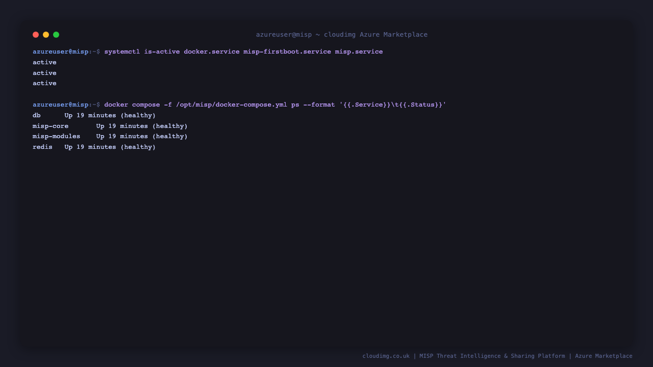 The systemd units active and the four MISP containers healthy