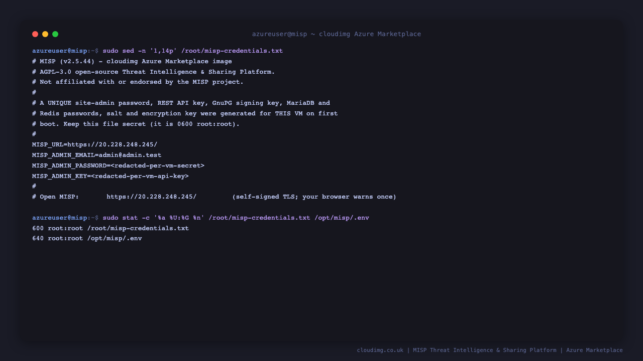 The per VM credentials file generated on first boot, readable only by root