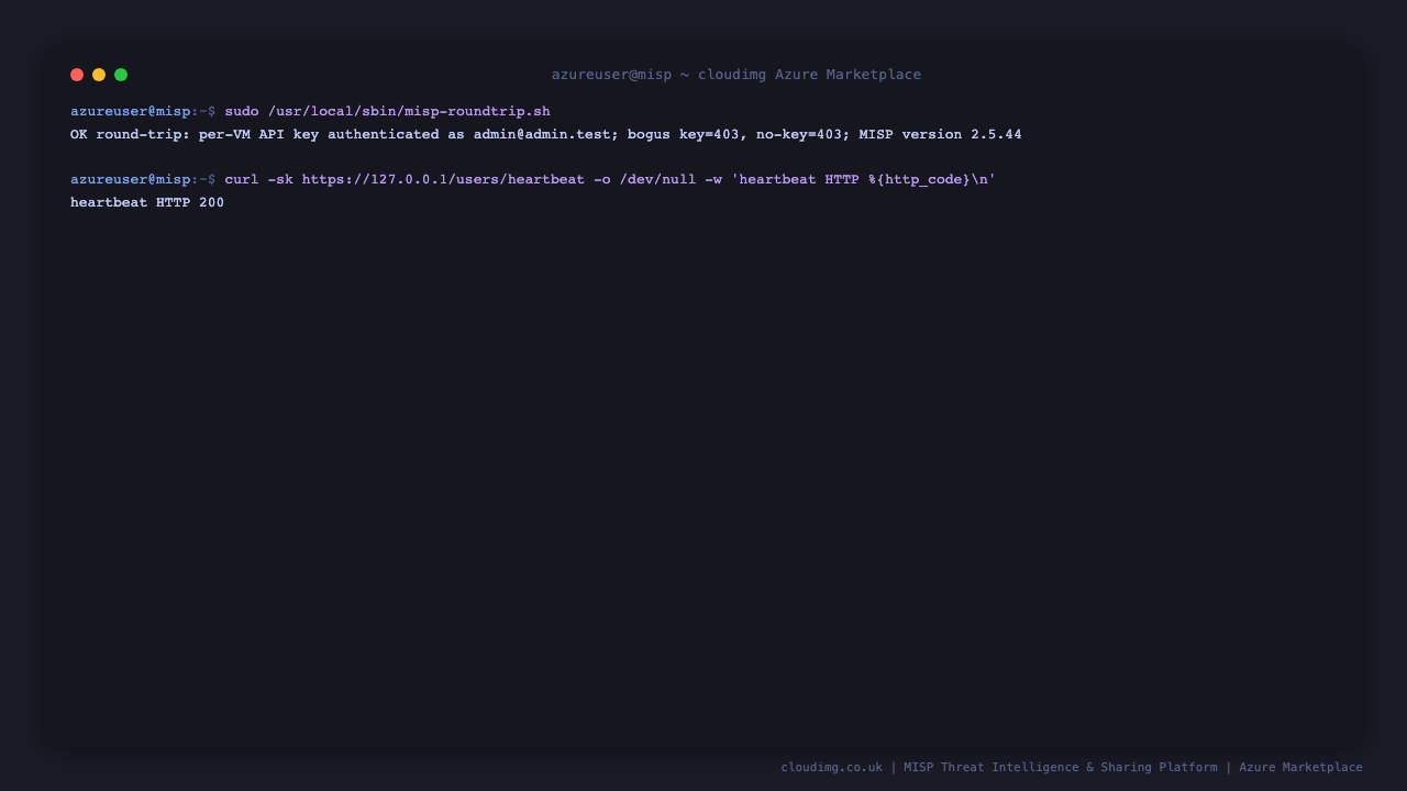 The MISP REST API round trip: the per VM key authenticates, bogus and anonymous requests are rejected, and MISP reports its version