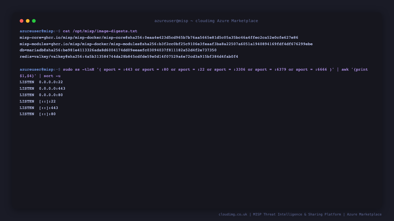 The four MISP images pinned by digest, and only ports 22, 80 and 443 listening