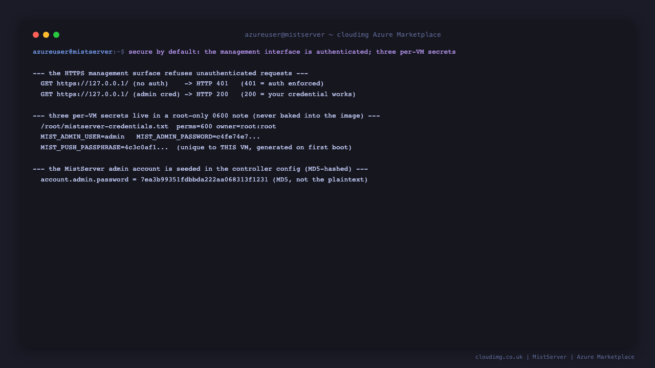 Terminal showing the HTTPS management surface returning 401 without credentials and 200 with the per-VM credential, the three per-VM secrets in the root only note, and the MistServer admin account seeded MD5-hashed in the controller config