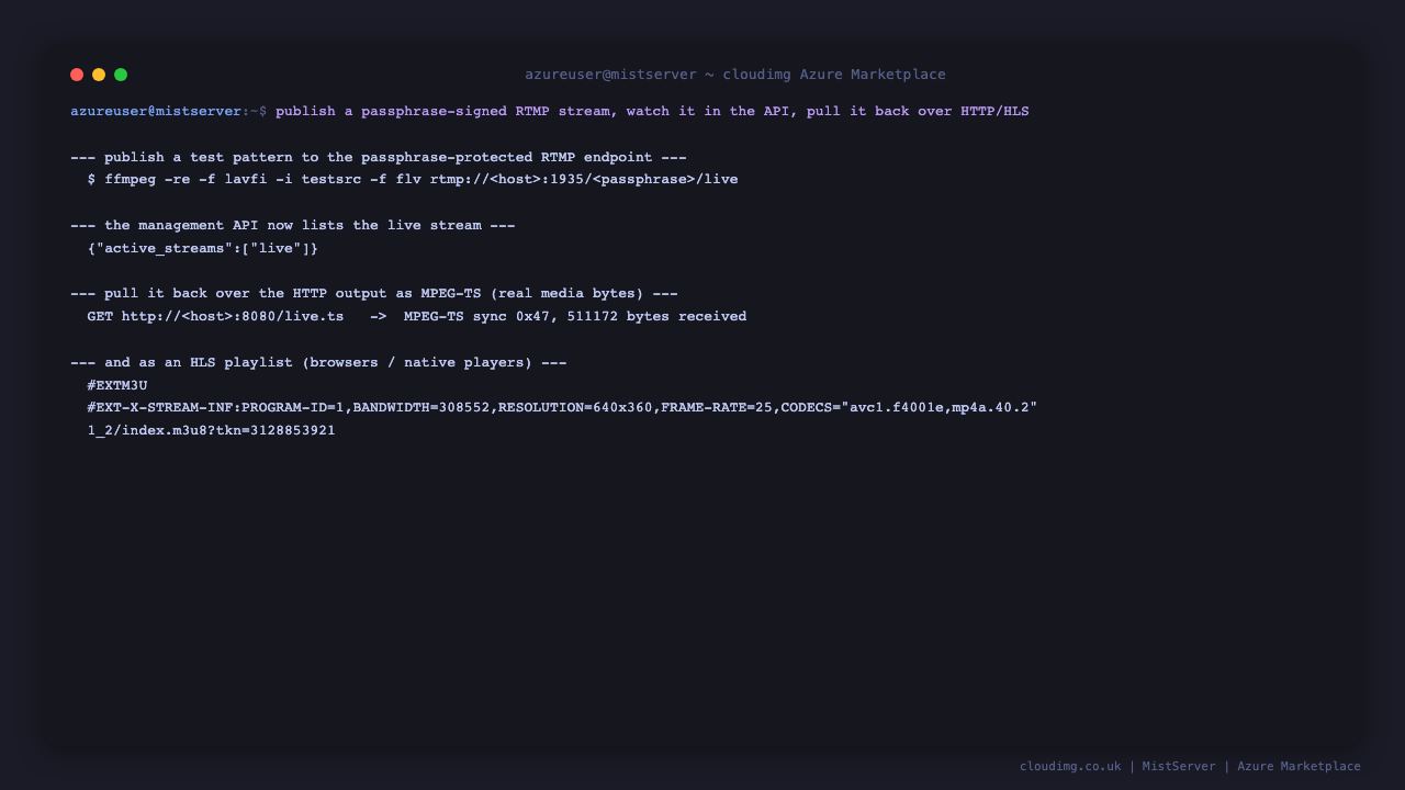 Terminal showing a passphrase-signed ffmpeg publish, the management API listing the live stream, the stream pulled back over the HTTP output as MPEG-TS with real media bytes and as an HLS playlist