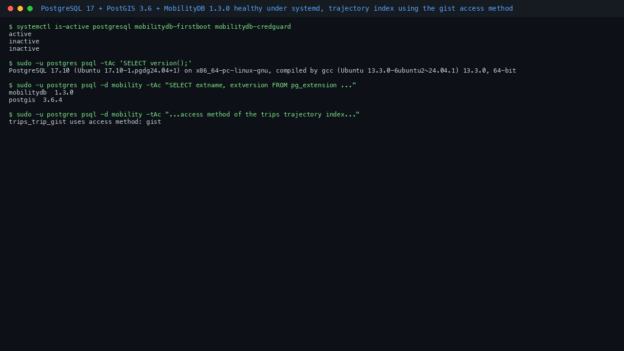 Terminal showing postgresql.service and the credential guard active, the PostgreSQL 17.10 version banner, the mobilitydb extension at version 1.3.0 and postgis at 3.6.4, and the trips trajectory index reporting the gist access method