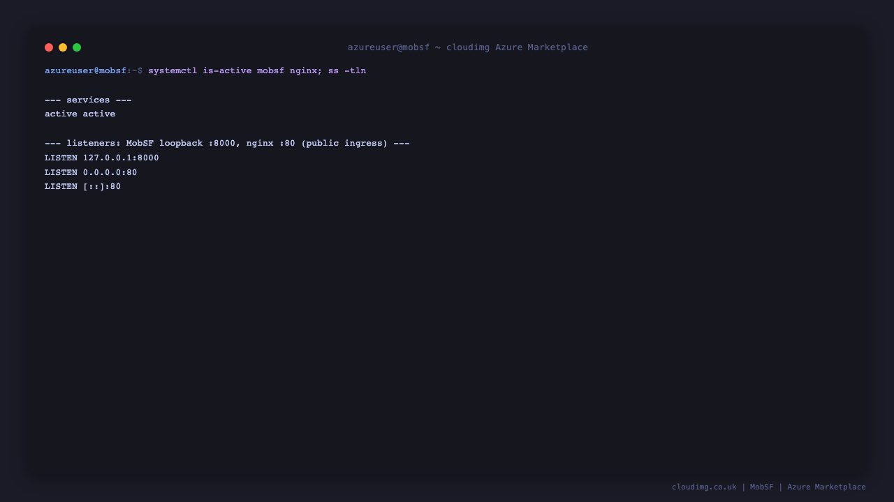 MobSF and nginx active, with MobSF bound to loopback on port 8000