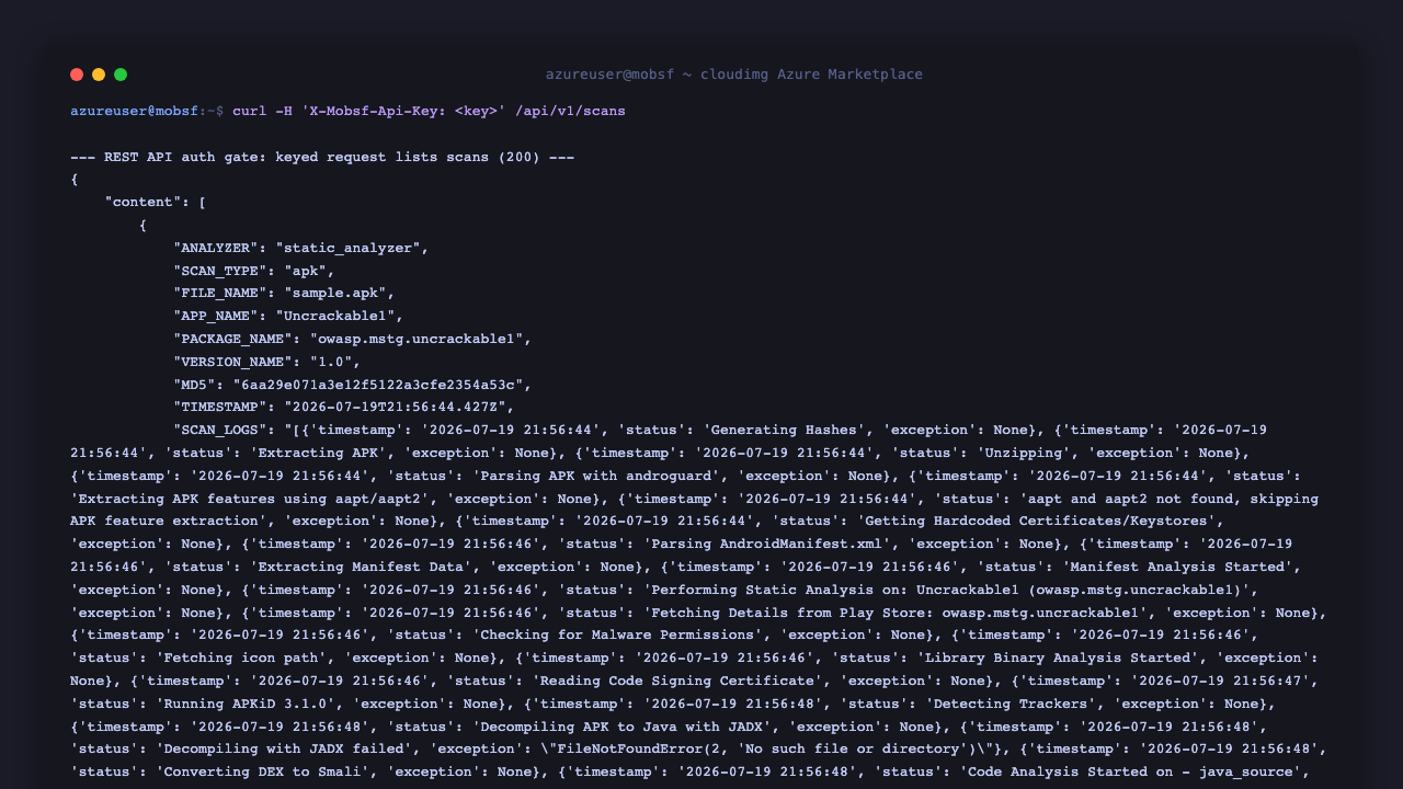 The REST API listing scans with the key, and rejecting the request without it