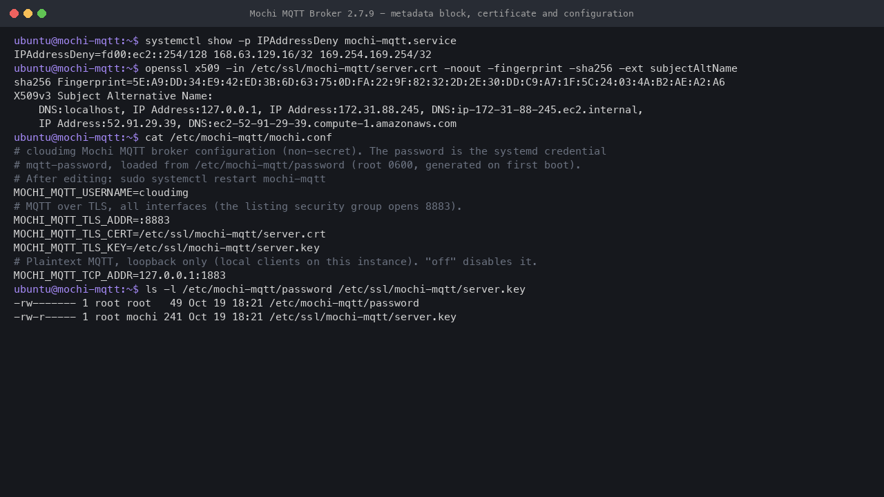 The metadata block on mochi-mqtt.service, the instance certificate's addresses and fingerprint, and the broker configuration file
