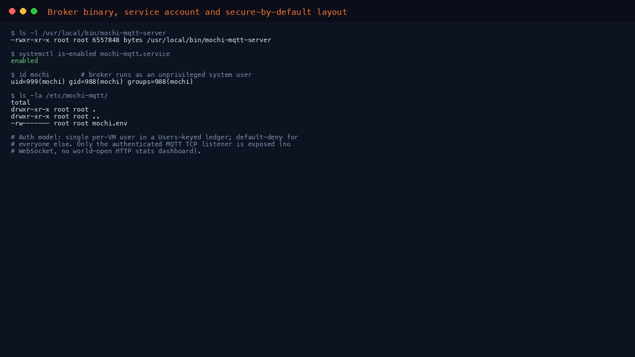 Broker binary, unprivileged mochi service account, and secure-by-default layout