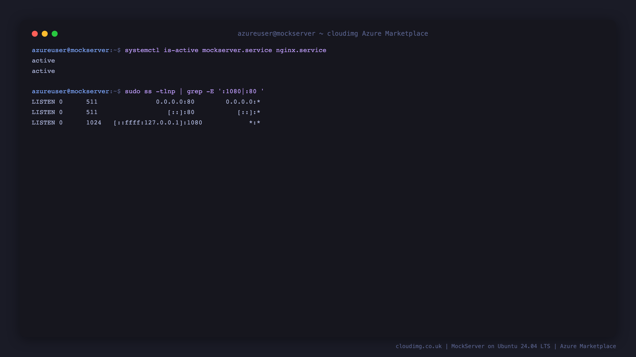 The mockserver and nginx services reporting active, and MockServer listening on loopback 127.0.0.1:1080 only while nginx listens on port 80