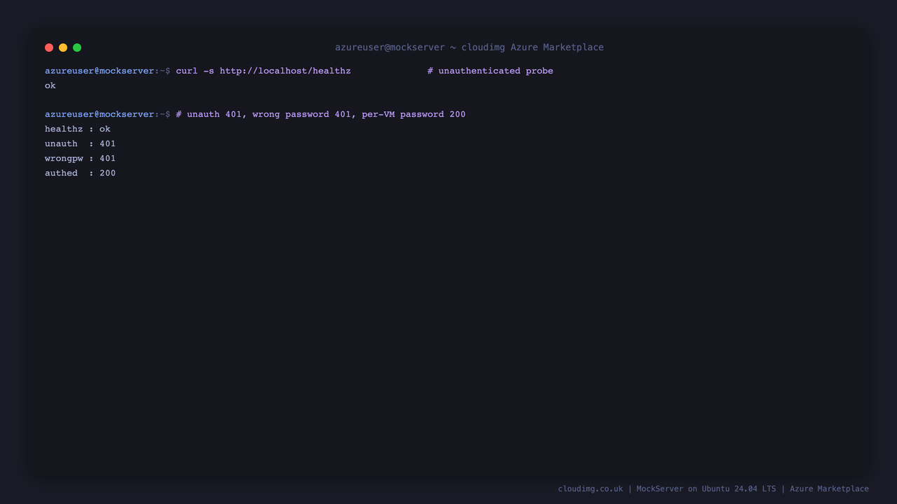 The HTTP Basic Auth round-trip returning 401 unauthenticated, 401 for a wrong password, and 200 with the per-VM password on the MockServer status endpoint, plus the unauthenticated healthz endpoint returning ok