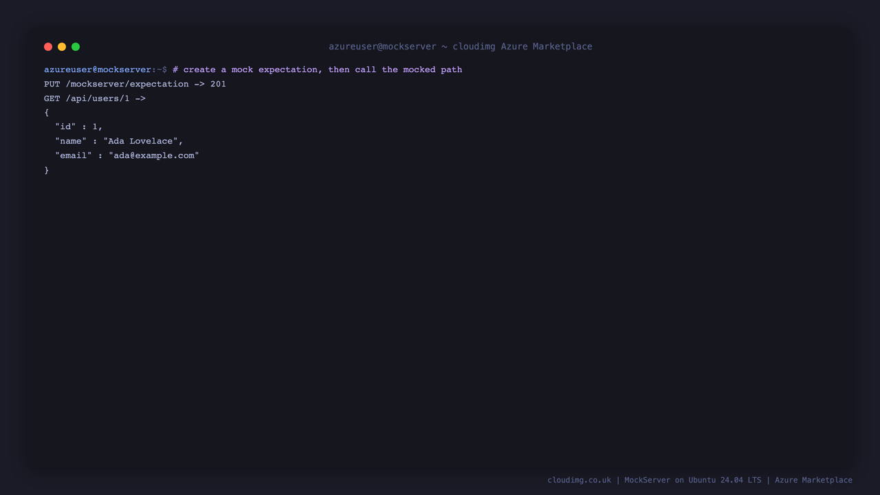 Creating an expectation with PUT /mockserver/expectation returning 201, then GET /api/users/1 returning the mocked JSON response body through the authenticated proxy