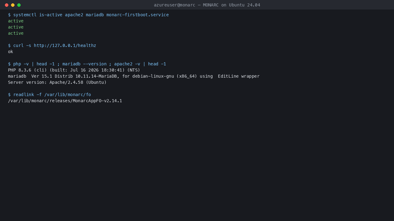 MONARC services active on Ubuntu 24.04: Apache, MariaDB and the first boot service, with the health endpoint returning ok and the pinned v2.14.1 release path