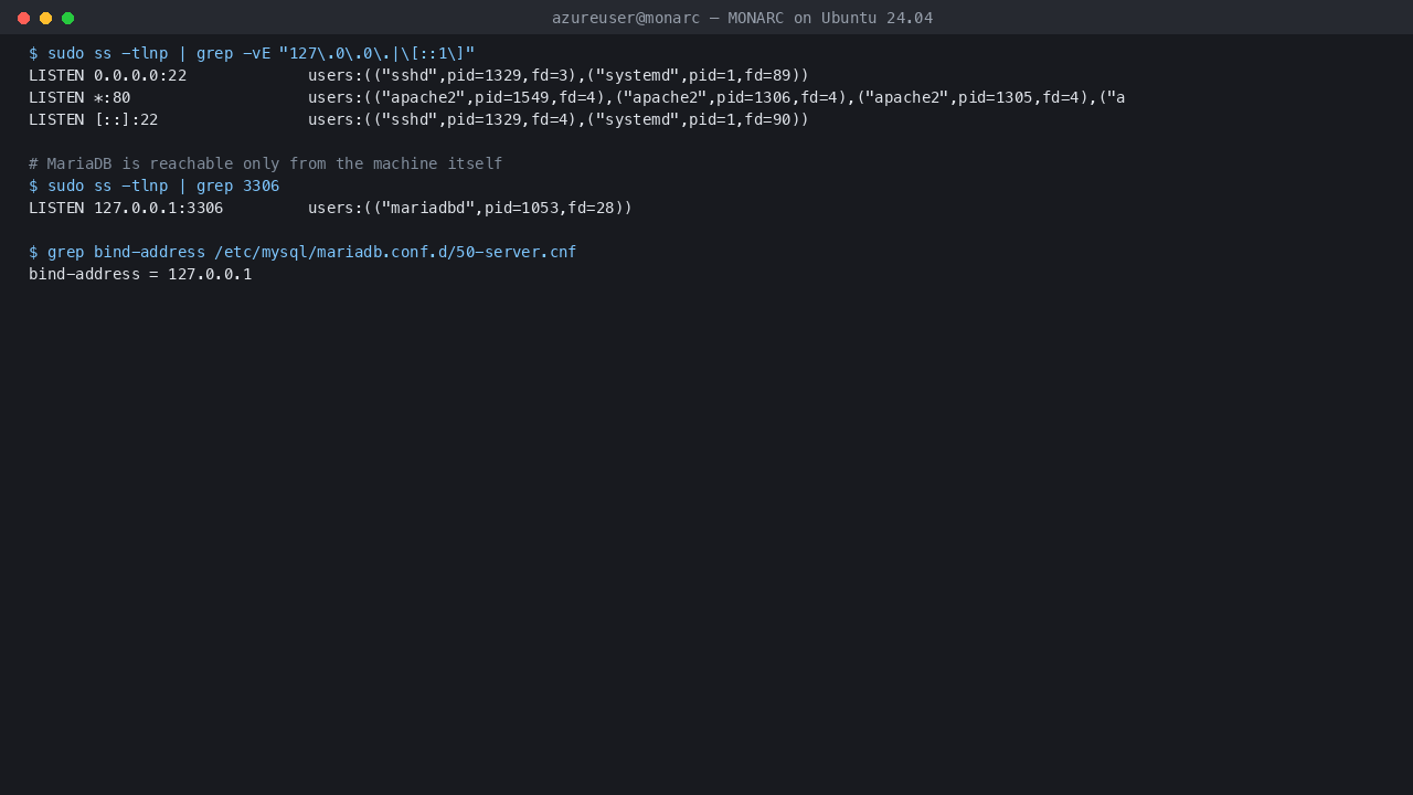 MONARC endpoints: only SSH and HTTP exposed, with MariaDB bound to 127.0.0.1