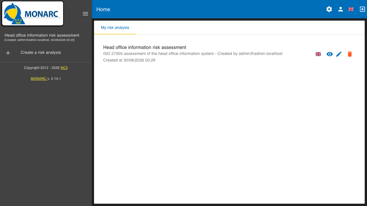 The MONARC home screen listing your risk analyses