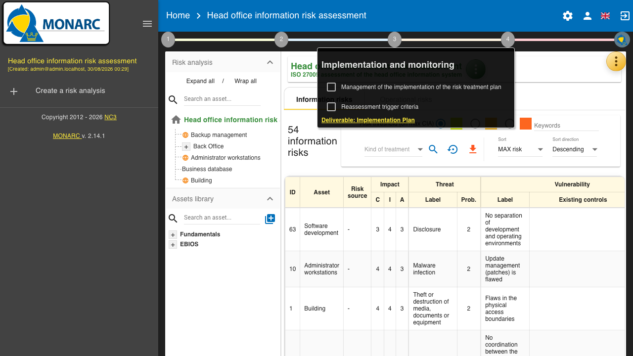 The MONARC implementation and monitoring step, showing the implementation plan deliverable alongside the risk register