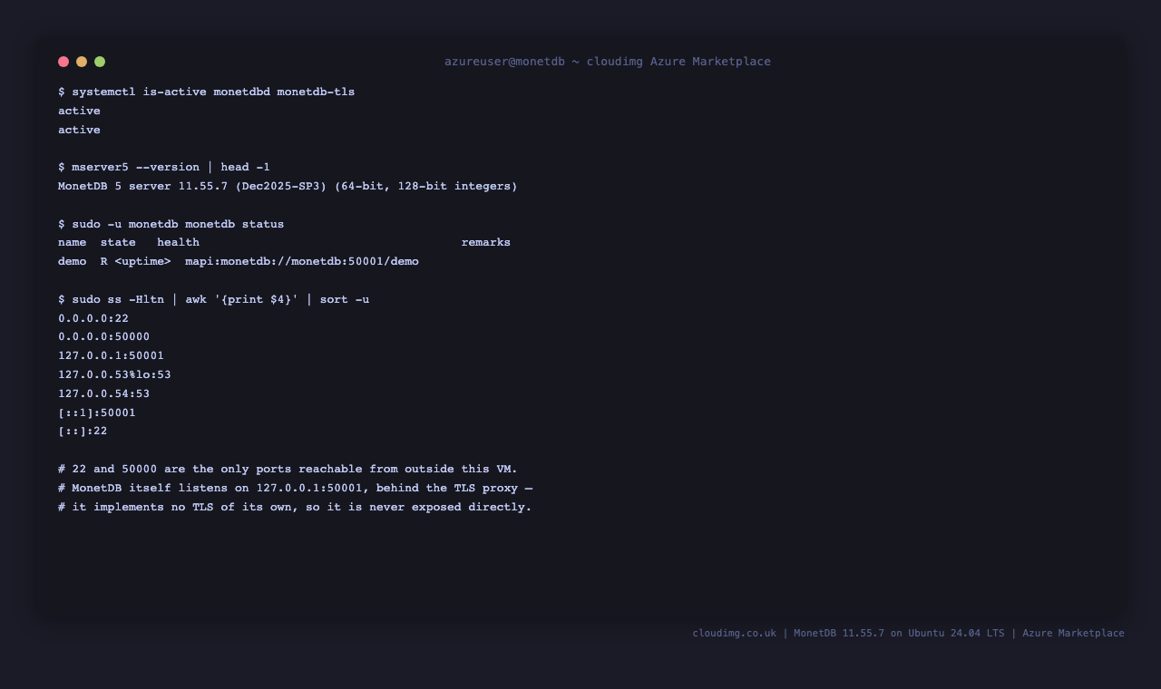MonetDB service status and listening sockets