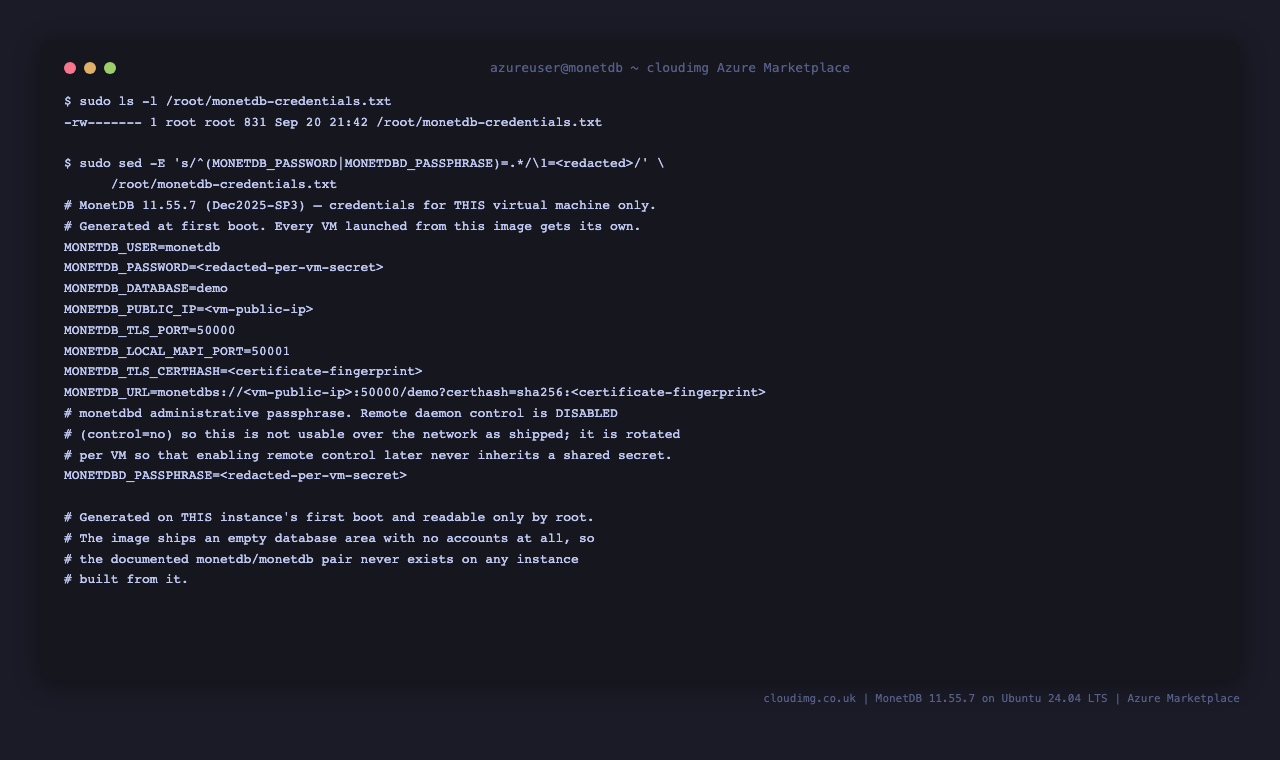 MonetDB per-VM credentials file