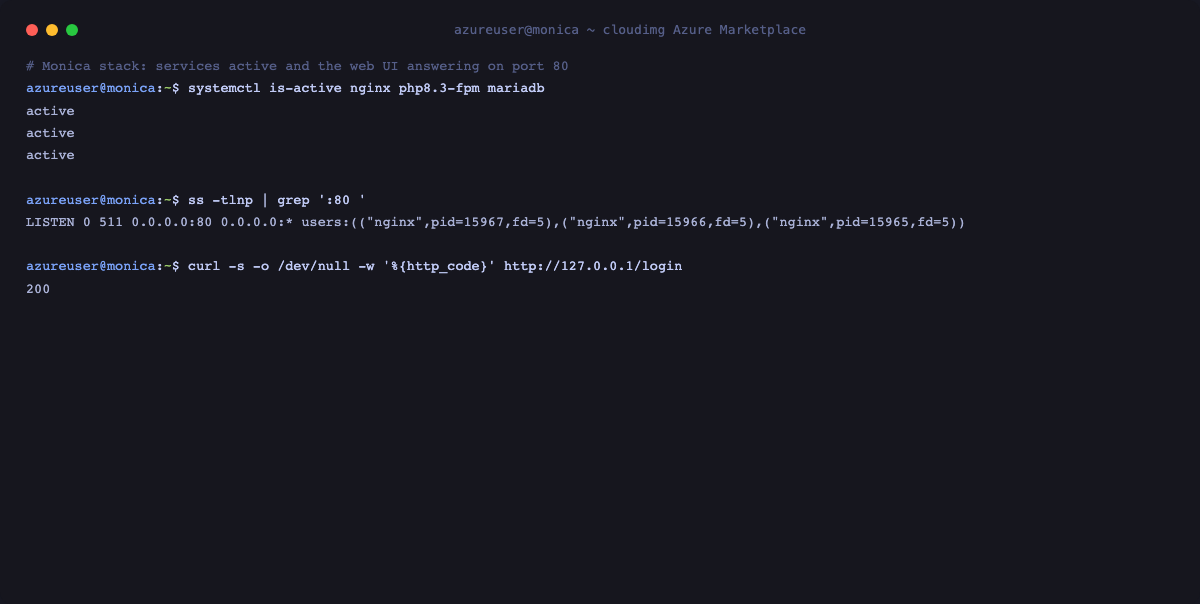 Service status and HTTP liveness on port 80