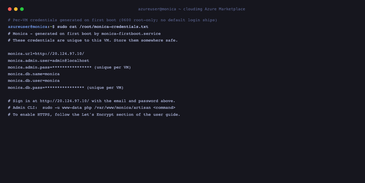 Per-VM credentials, root-only and masked