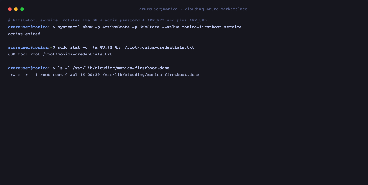 First-boot rotation and credential file permissions