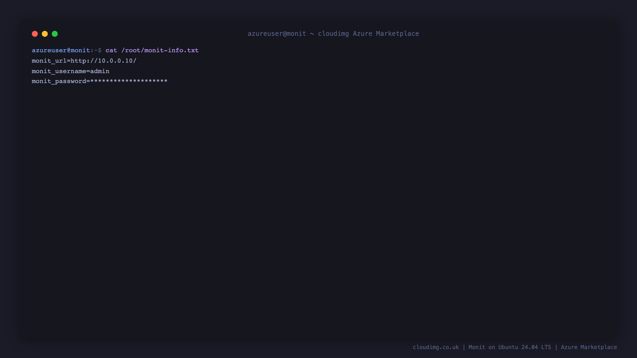 The per instance Monit access note recording the URL, the username and the generated password