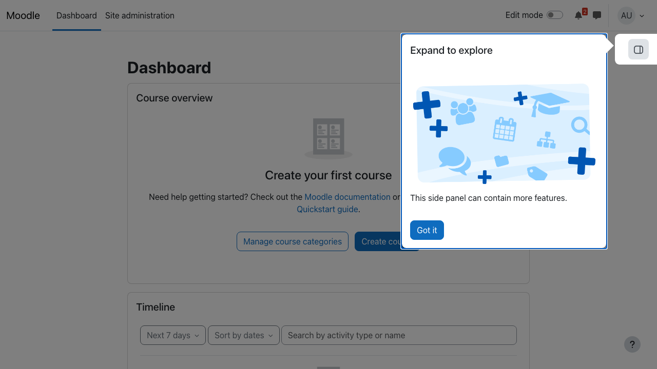 The Moodle dashboard after the first sign-in