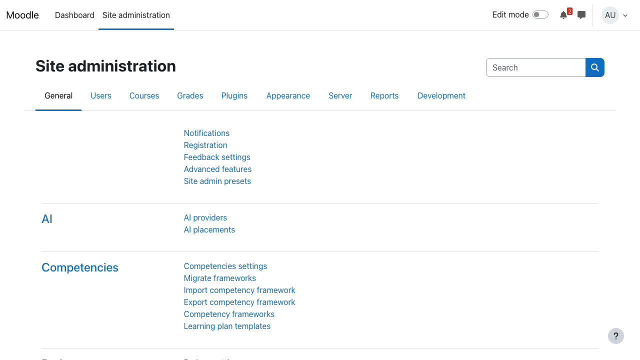 Moodle Site administration