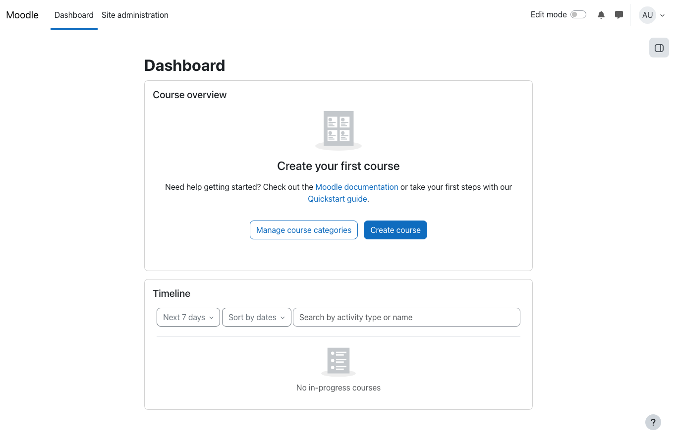 Moodle administrator dashboard after first sign in