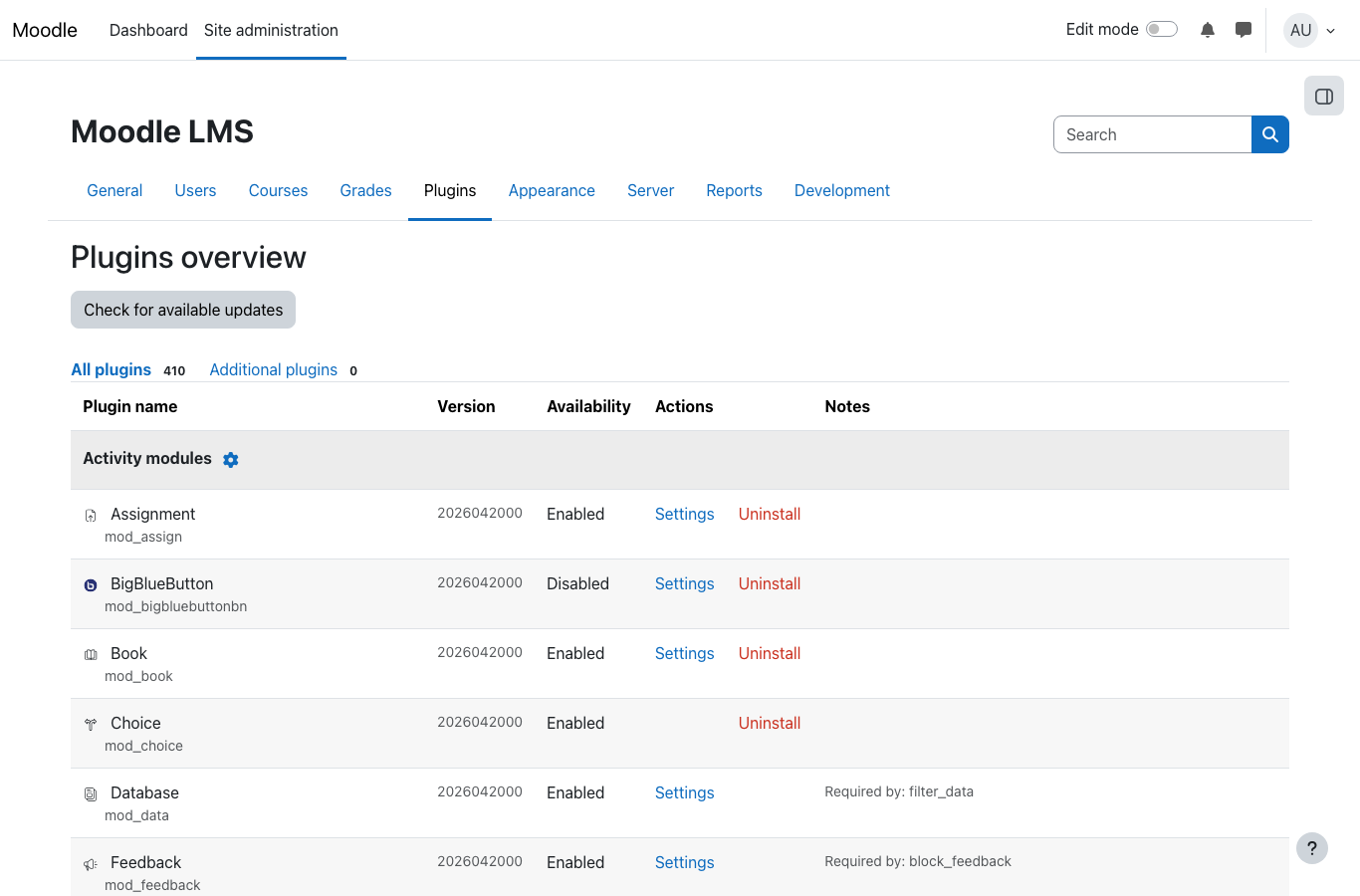 Moodle site administration plugins overview