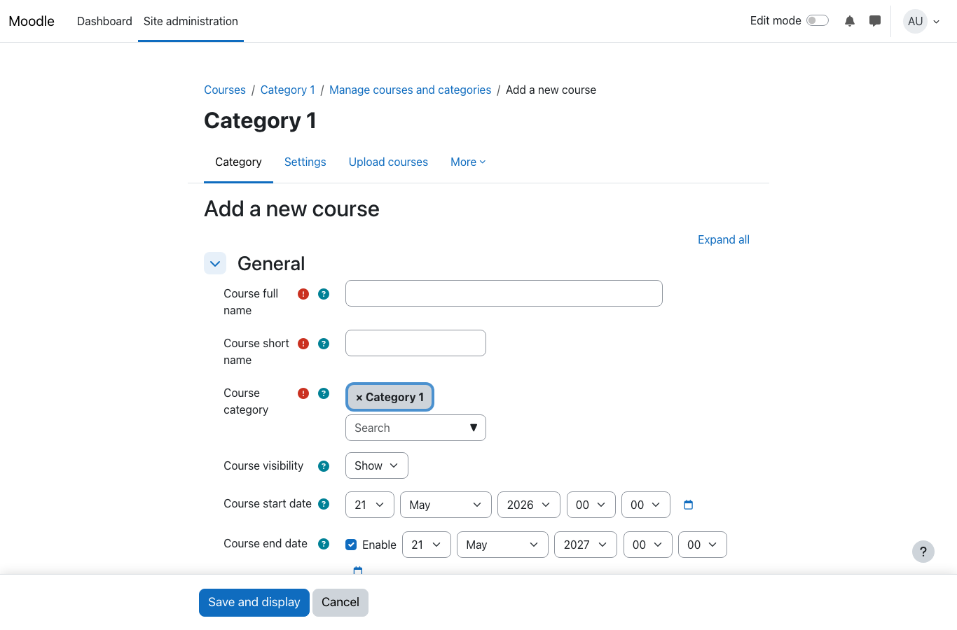 Moodle course creation form in Site administration