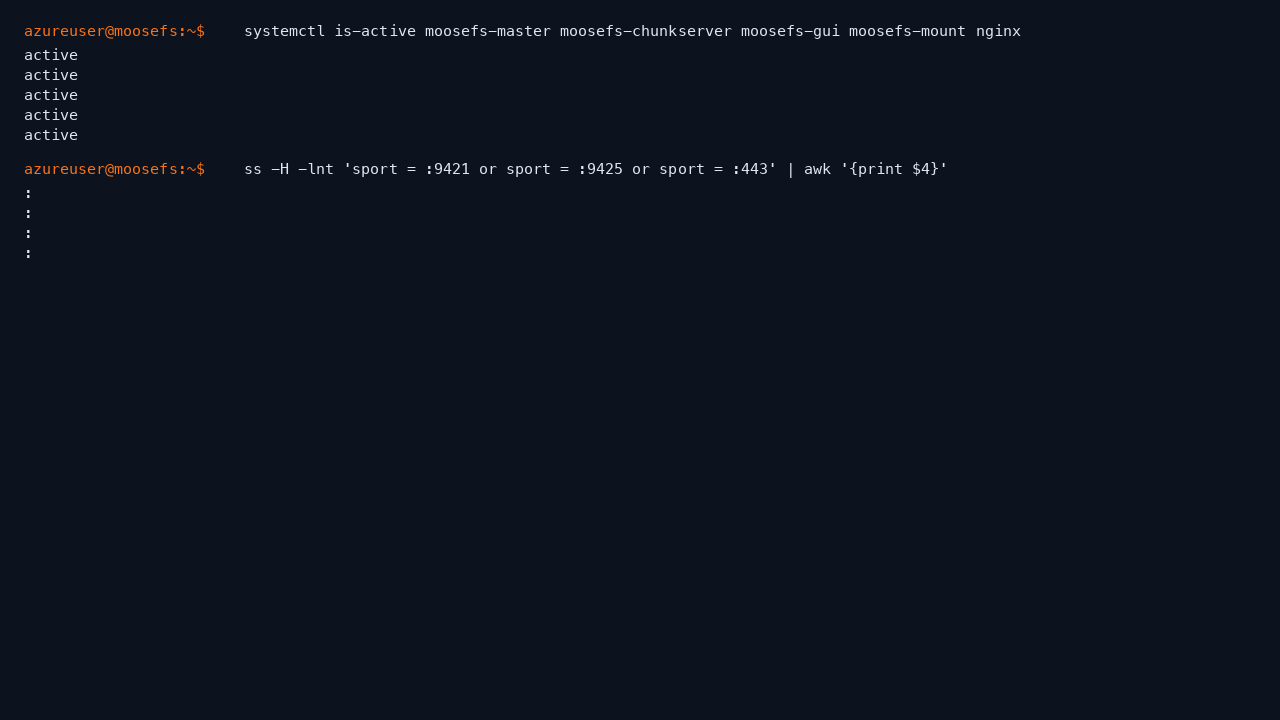 moosefs-master, moosefs-chunkserver, moosefs-gui, moosefs-mount and nginx all reporting active, with the MooseFS client and monitor ports bound to loopback and only nginx published on 443