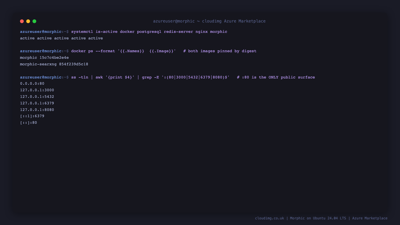 Morphic services, pinned container images and listening sockets on a fresh VM