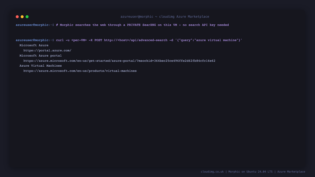 Live web results returned through the private SearXNG instance with no search API key
