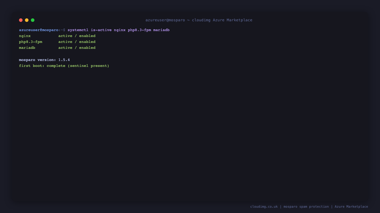 The nginx, php8.3-fpm and mariadb services reporting active and enabled, with the installed mosparo version and the first boot sentinel present