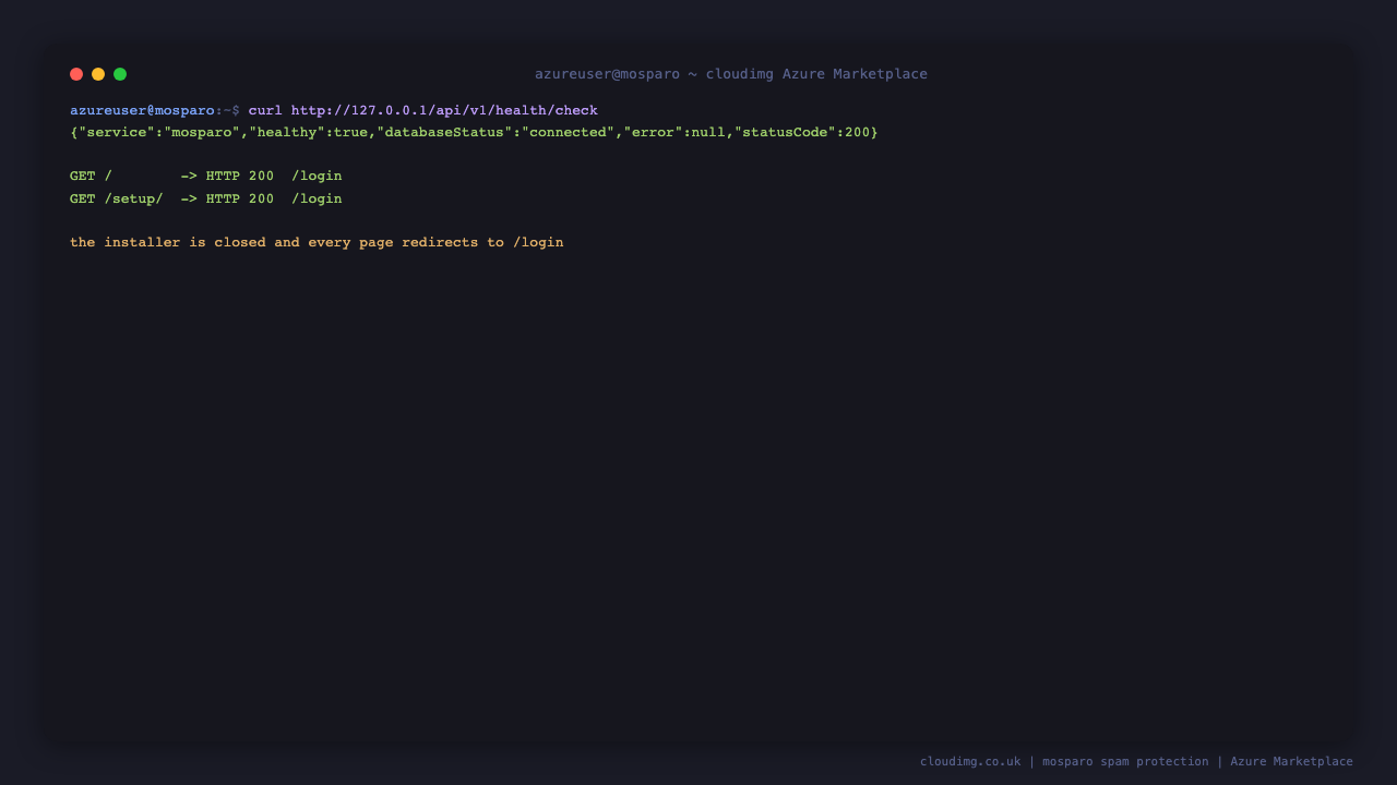 The mosparo health endpoint reporting healthy with the database connected, and both the root and setup paths redirecting to the sign in page