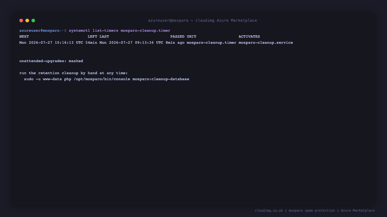 The hourly mosparo-cleanup timer scheduled and armed, with unattended-upgrades enabled for security patching