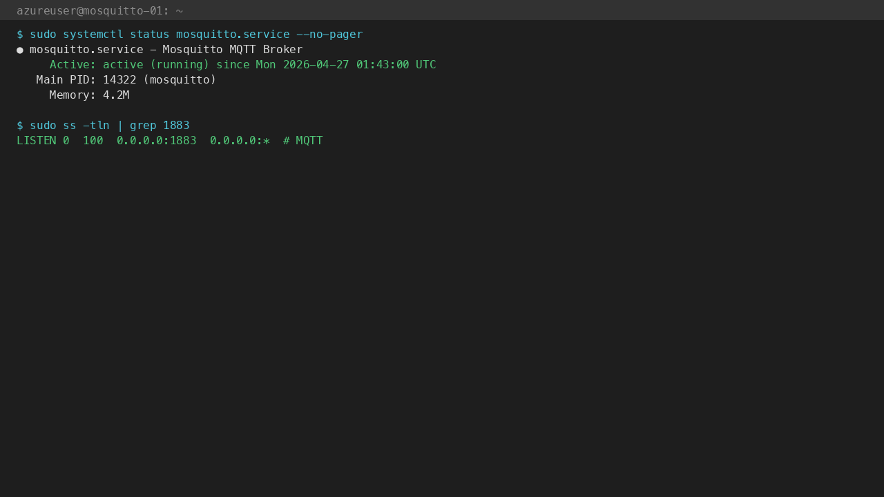 mosquitto.service active (running) on TCP 1883, ~4 MB resident