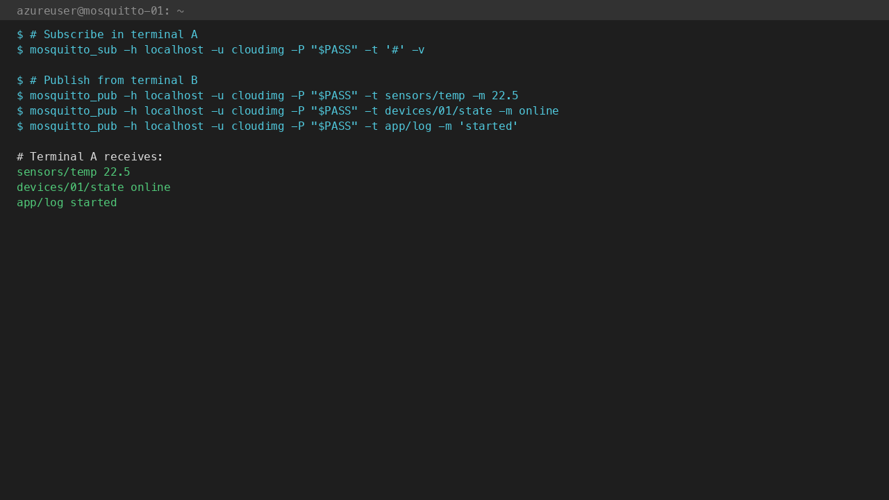 Subscribe with -t '#' wildcard receives every published message; sensors/temp + devices/01/state shown