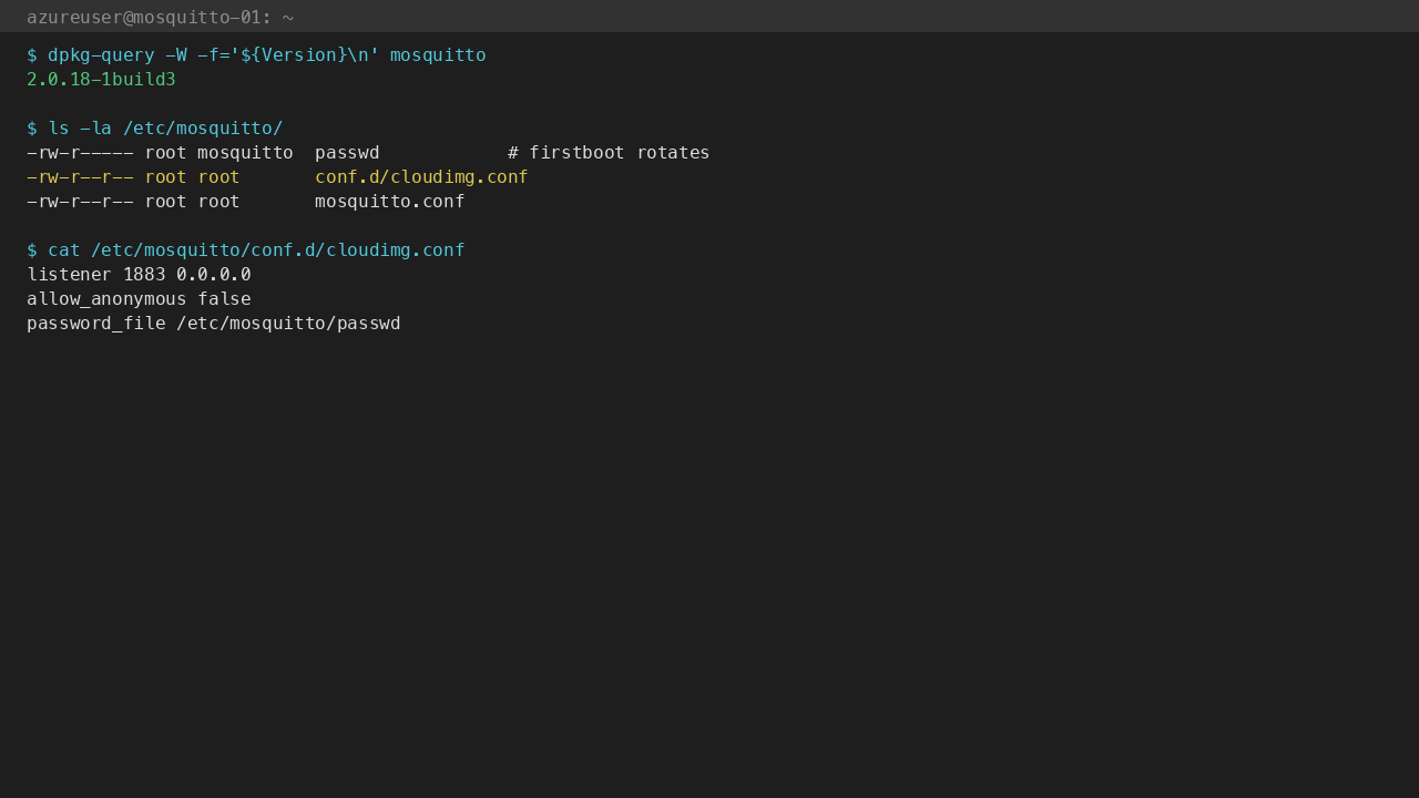 Mosquitto 2.0.18 + /etc/mosquitto layout — cloudimg.conf override sets listener + auth
