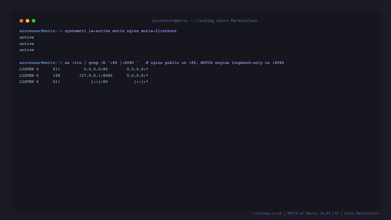 The two systemd services active and the MOTIS engine bound to loopback only