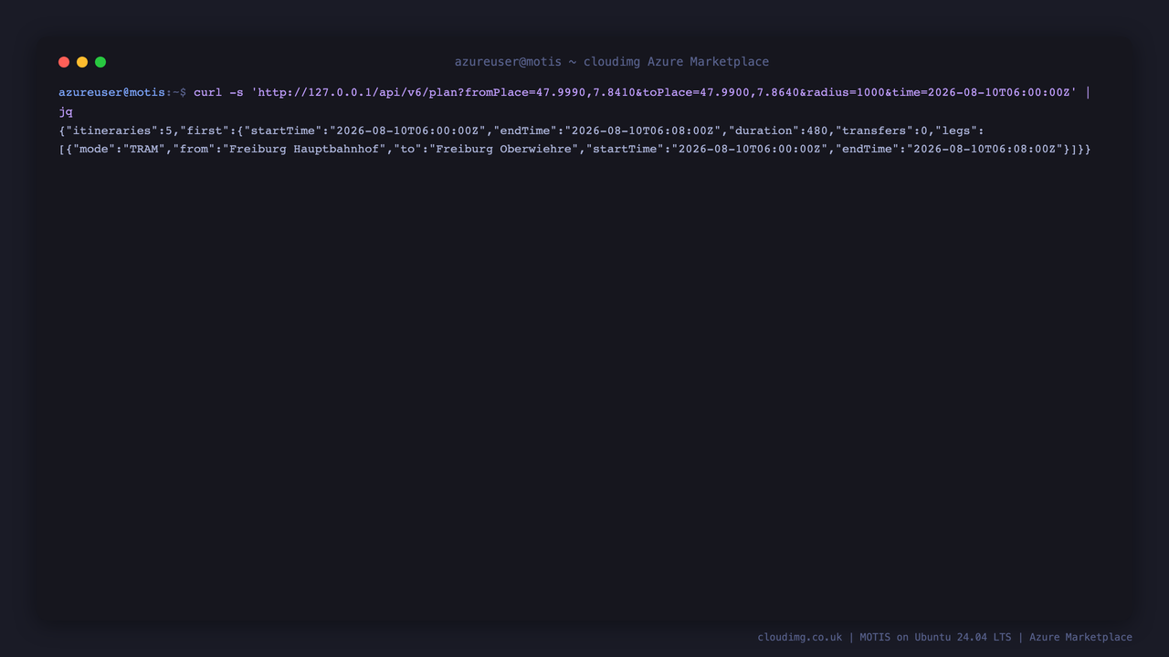 A real routing query returning an itinerary with departure and arrival times