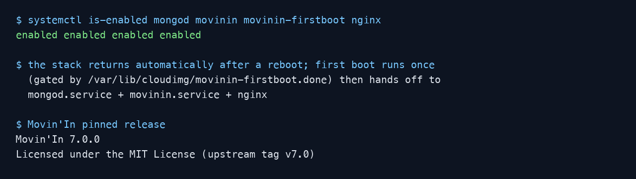 The mongod, movinin, movinin-firstboot and nginx units all enabled so the platform returns after a reboot, and the pinned Movin'In 7.0.0 release under the MIT License