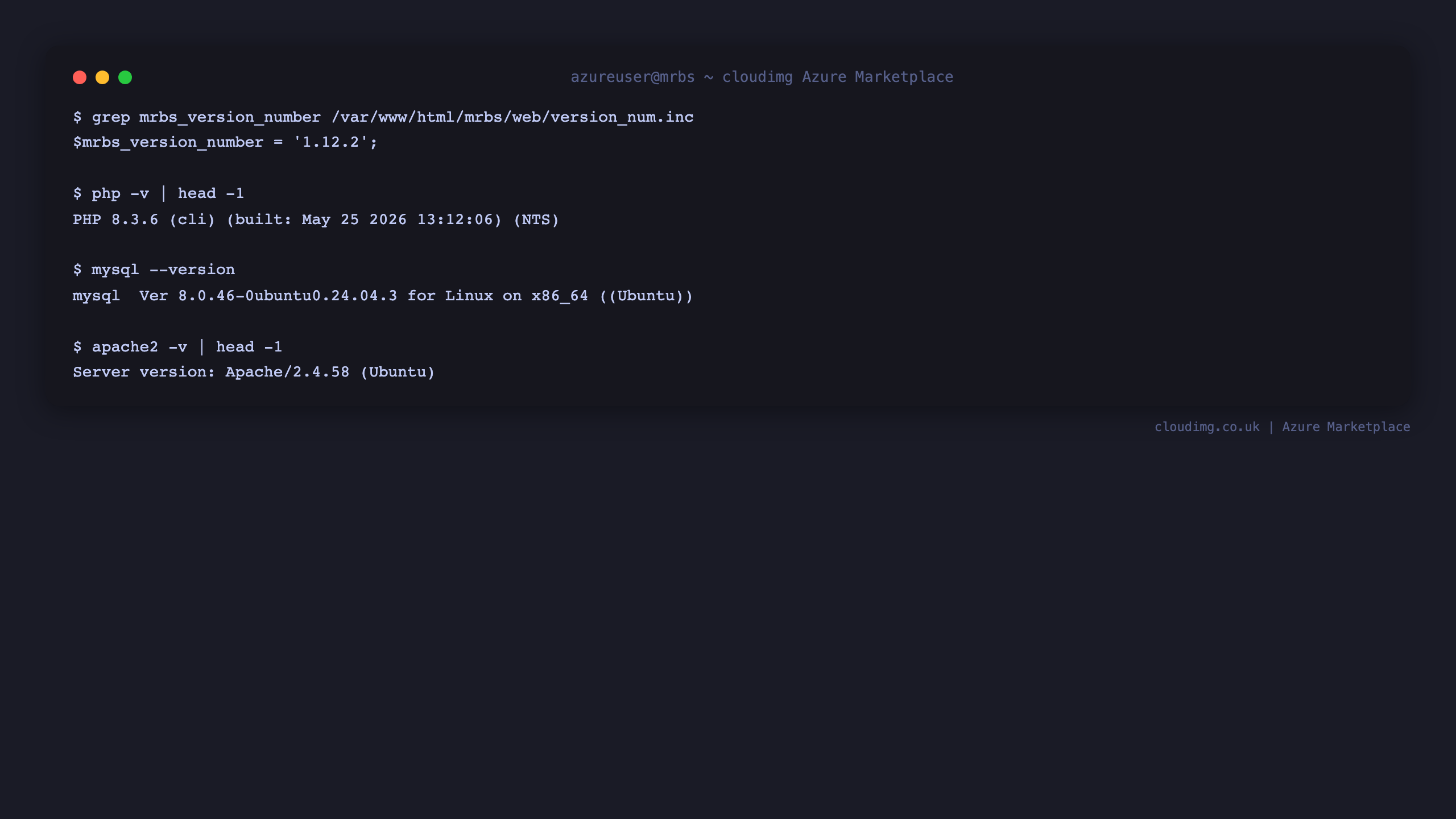 MRBS 1.12.2 version string, PHP 8.3, MySQL 8.0, and Apache 2.4