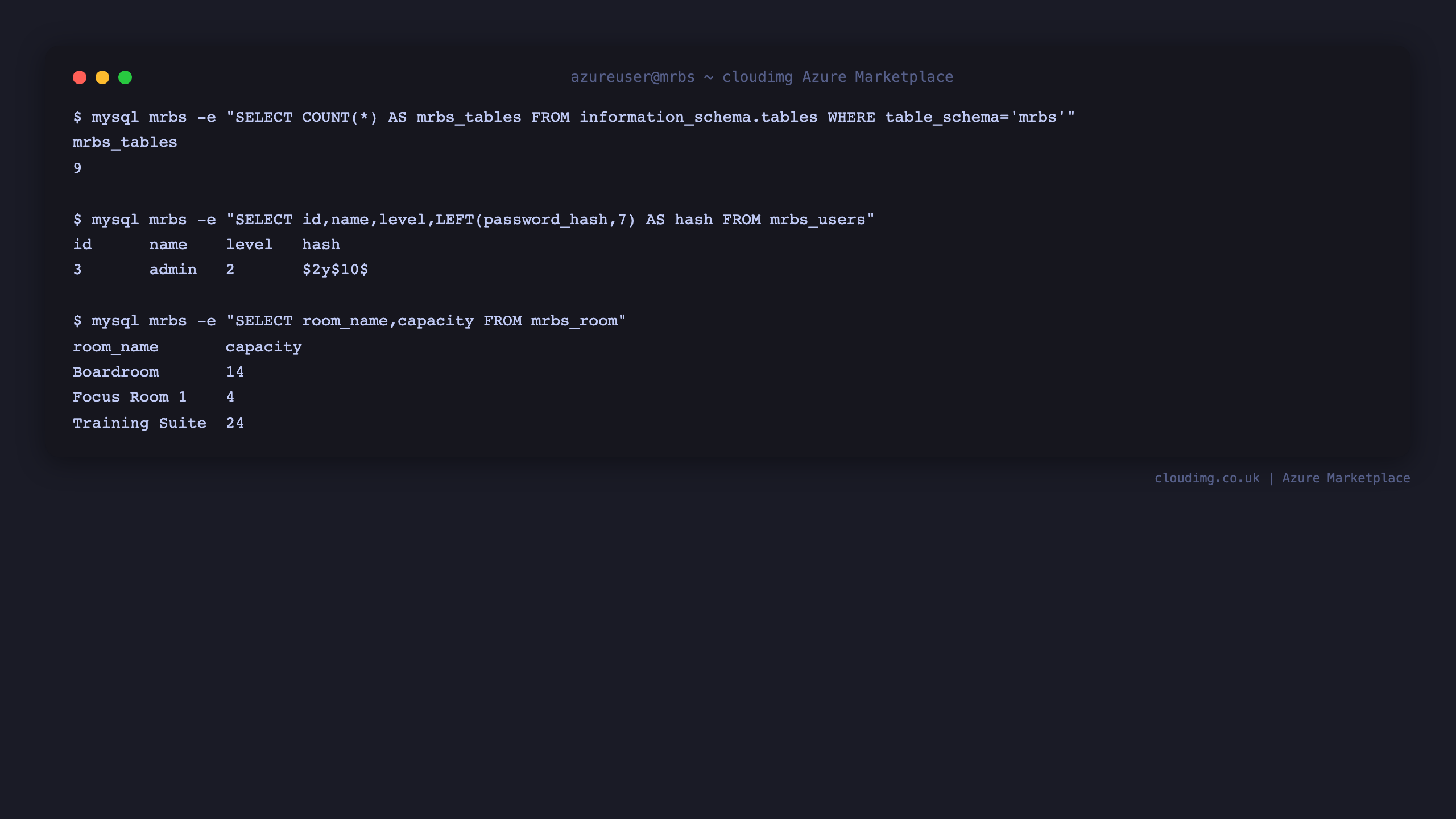 The MRBS schema tables and the single admin user stored with a bcrypt hash