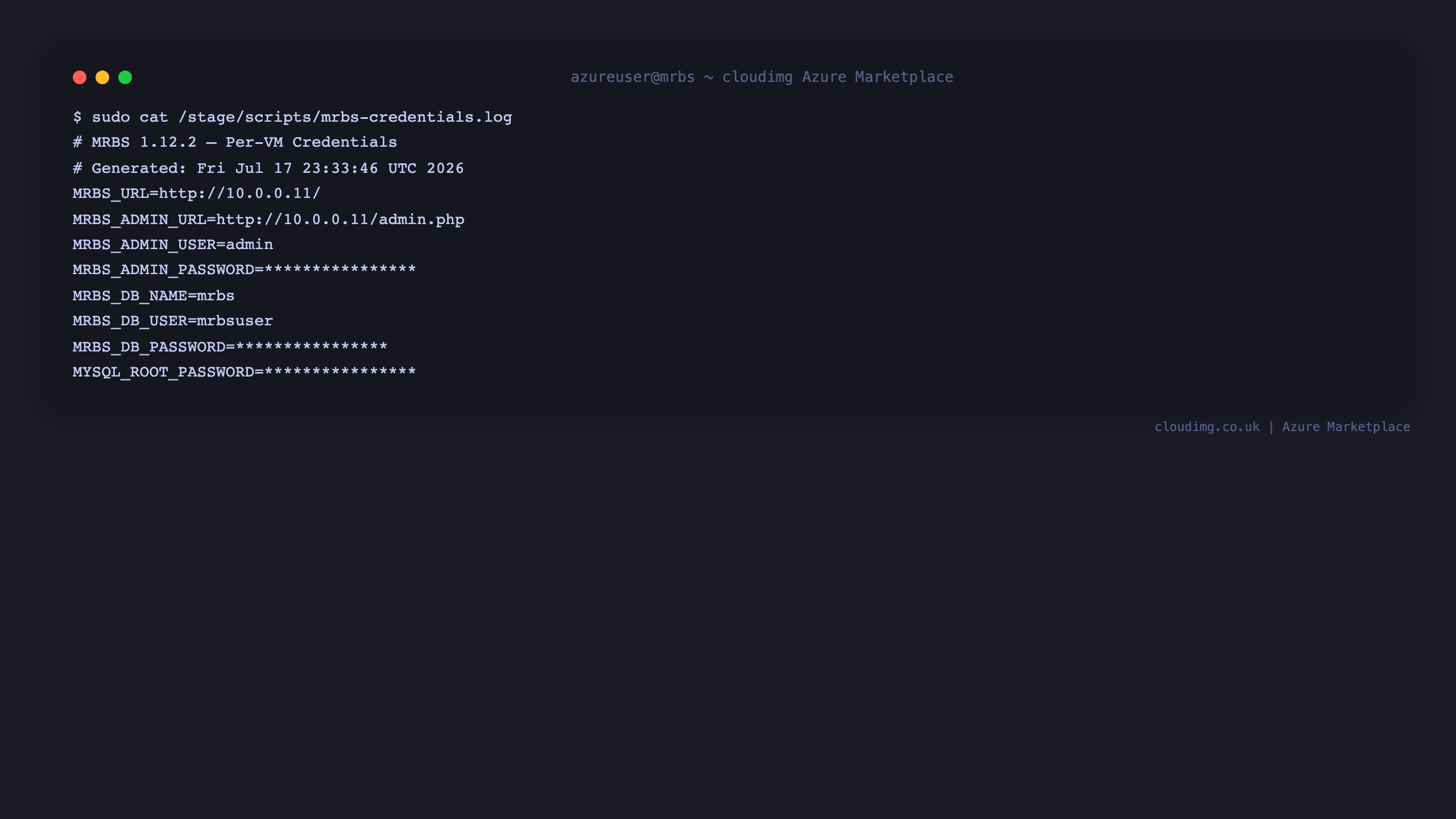 The per VM credentials file with the administrator user and rotated passwords