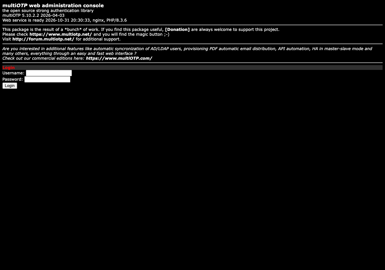 The multiOTP 5.10.2.2 web administration console over HTTPS, not authenticated, with its Login form