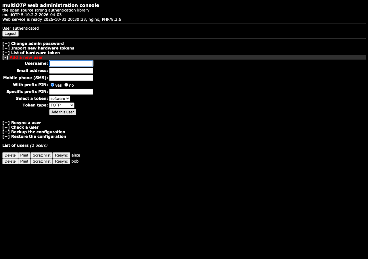 The multiOTP console after adding a TOTP user, now listed under List of users