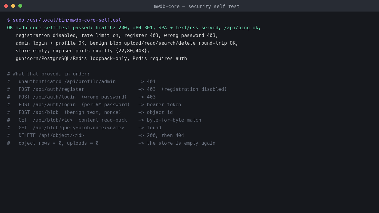 The bundled self test proving the TLS front door, refused registration, a rejected wrong password, the administrator sign in and a full upload, read back, search and delete round trip