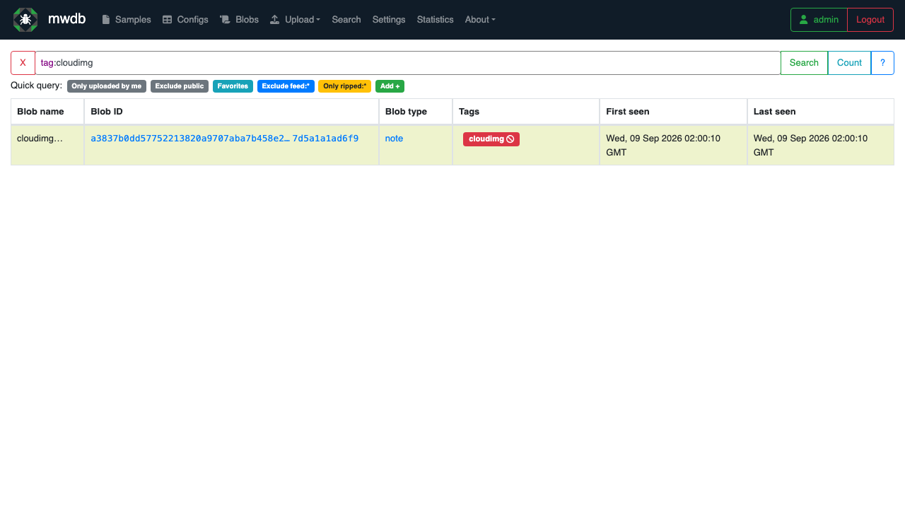 A Lucene style query for tag:cloudimg listing the uploaded blob with its type, tag and timestamps